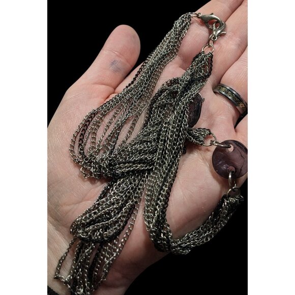 Chic Multilayer Chain Necklace Silver Tone With Muted Purple Bead Accents - Picture 3 of 5